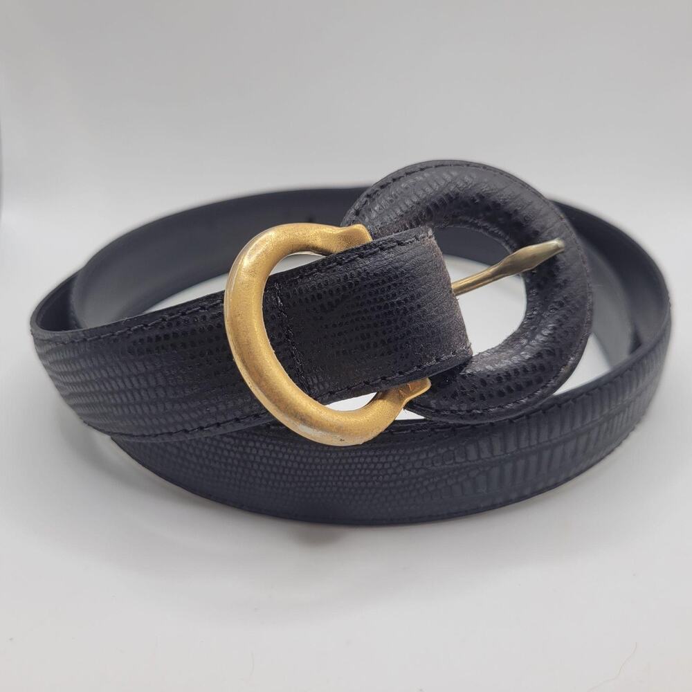 VTG Leather Shop Belt Lg Black Leather Lizard Embossed Round Buckle 80s Retro